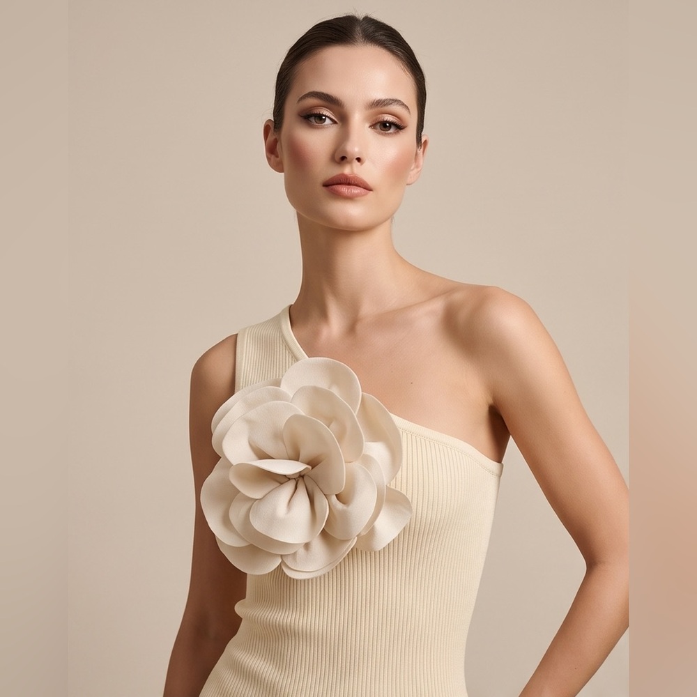 Elegant One-Shoulder Cream Dress with Floral Applique